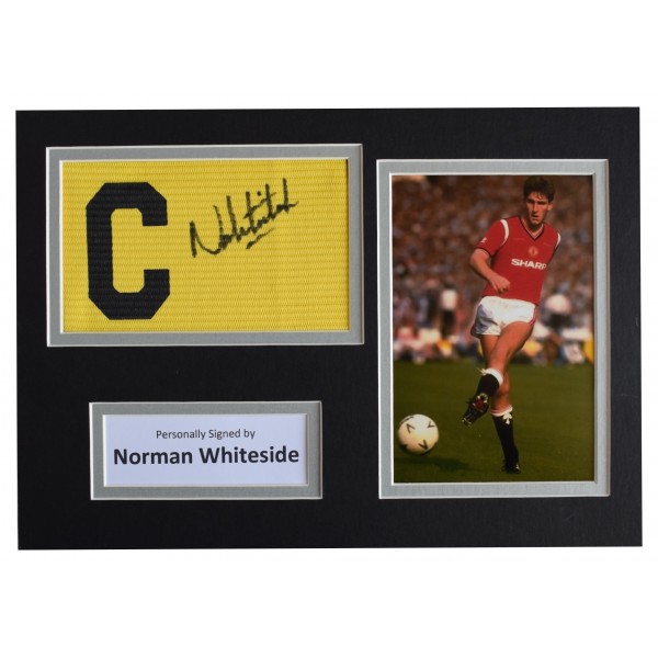Norman Whiteside Signed Captains Armband A4 photo display Manchester United COA AFTAL Perfect Gift Memorabilia		