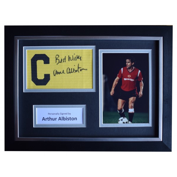 Arthur Albiston Signed Framed Captains Armband photo A4 display Man Utd Football AFTAL Perfect Gift Memorabilia		