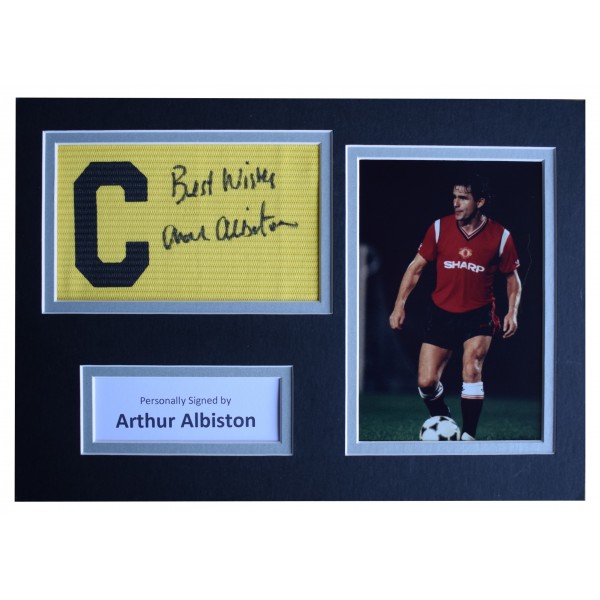 Arthur Albiston Signed Captains Armband A4 photo display Man Utd Football AFTAL Perfect Gift Memorabilia		