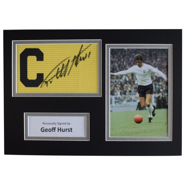Geoff Hurst Signed Captains Armband A4 photo display England Football COA AFTAL Perfect Gift Memorabilia		