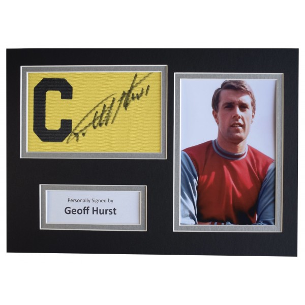 Geoff Hurst Signed Captains Armband A4 photo display West Ham United Football AFTAL Perfect Gift Memorabilia		
