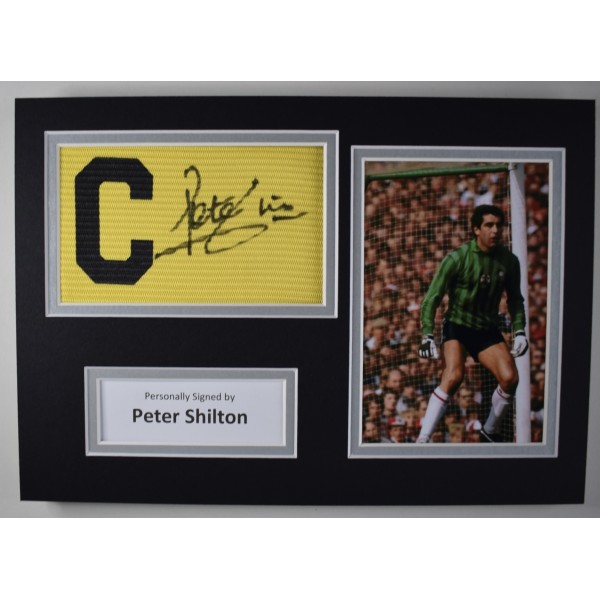 Peter Shilton Signed Captains Armband A4 photo display Southampton Football COA AFTAL Perfect Gift Memorabilia	