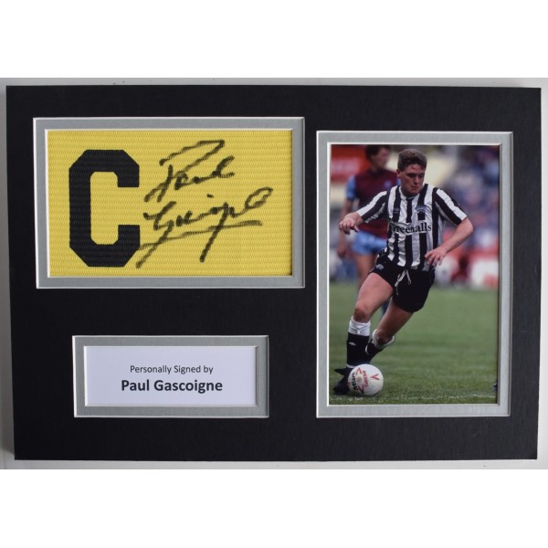 Paul Gascoigne Signed Captains Armband A4 photo display Newcastle Utd COA AFTAL Perfect Gift Memorabilia Paul Gascoigne Signed Captains Armband A4 photo display Newcastle Utd COA AFTAL Perfect Gift Memorabilia