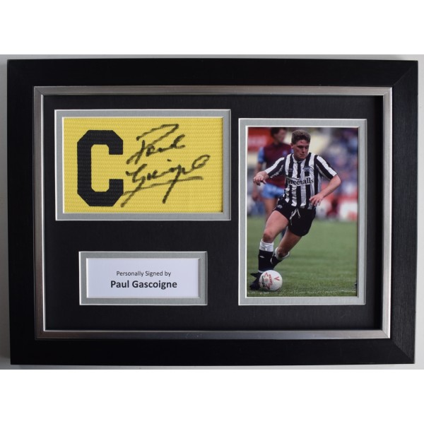 Paul Gascoigne Signed Framed Captains Armband A4 photo display Newcastle Utd COA AFTAL Perfect Gift Memorabilia Paul Gascoigne Signed Framed Captains Armband A4 photo display Newcastle Utd COA AFTAL Perfect Gift Memorabilia