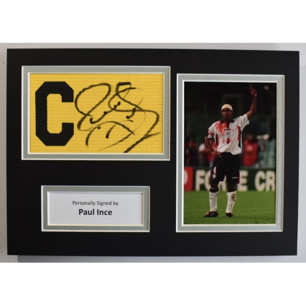 Paul Ince Signed Captains Armband A4 photo display England Football COA Perfect Gift Memorabilia	