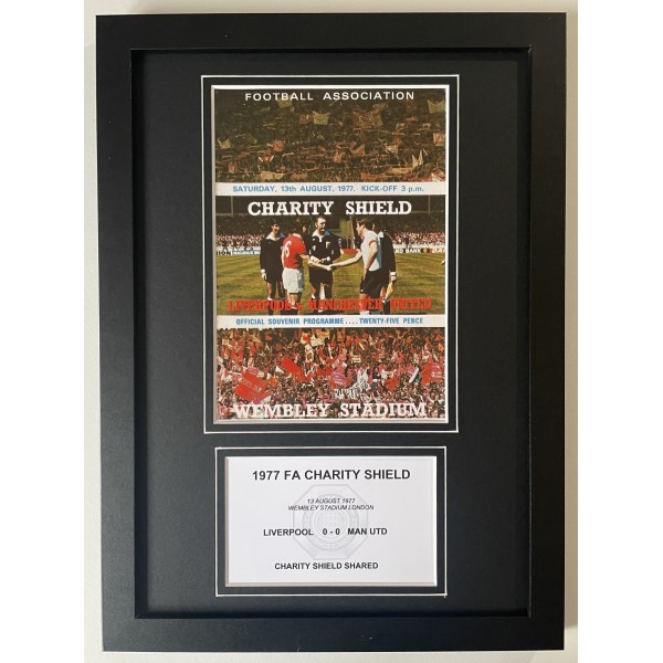 1977 FA Charity Shield A4 Photo Match Framed Programme Display Liverpool Man Utd