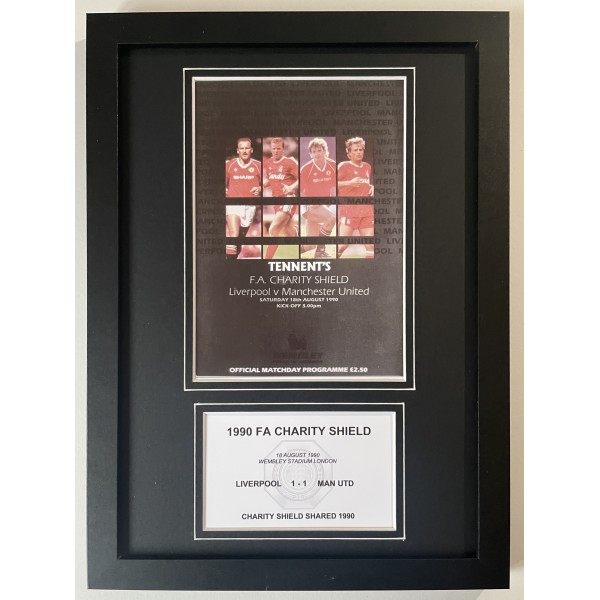 1990 FA Charity Shield A4 Framed Photo Match Programme Display Liverpool Man United