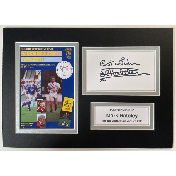 Mark Hateley Signed Autograph photo display Rangers Scottish Cup Winners 1992 Perfect Gift Memorabilia	