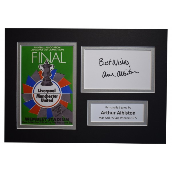 Arthur Albiston Signed Autograph A4 photo mount Man Utd FA Cup Winners 1977 Perfect Gift Memorabilia	