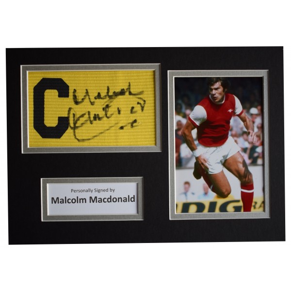 Malcolm Macdonald Signed Captains Armband A4 photo display Arsenal Football COA Perfect Gift Memorabilia