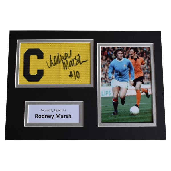 Rodney Marsh Signed Captains Armband A4 photo display Manchester City AFTAL COA Perfect Gift Memorabilia