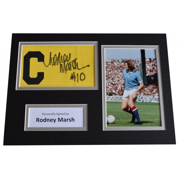 Rodney Marsh Signed Captains Armband A4 photo display Manchester City AFTAL COA  Perfect Gift Memorabilia