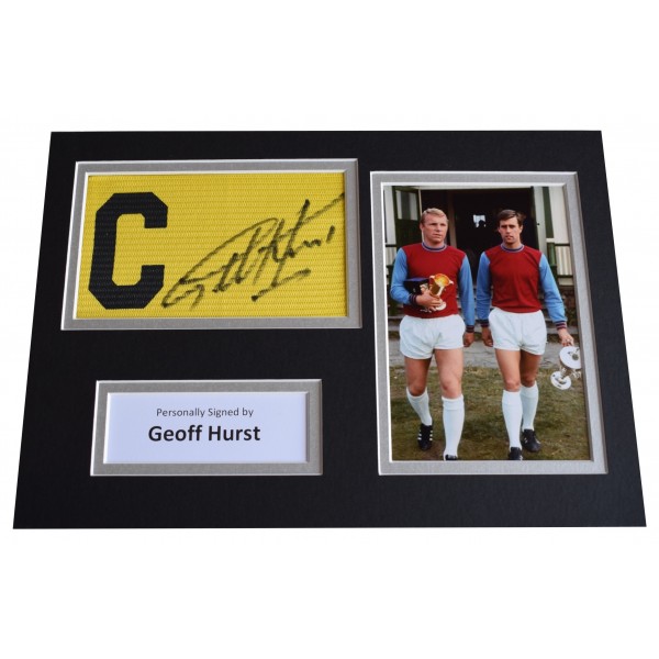 Geoff Hurst Signed Captains Armband A4 photo display West Ham Football COA Perfect Gift Memorabilia
