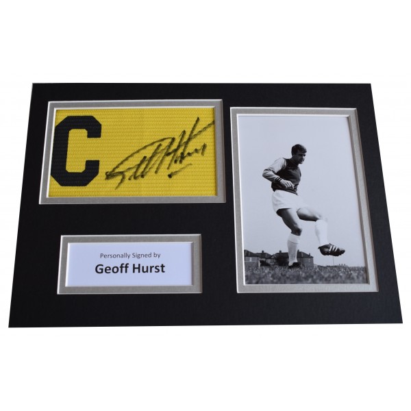 Geoff Hurst Signed Captains Armband A4 photo display West Ham Football COA Perfect Gift Memorabilia