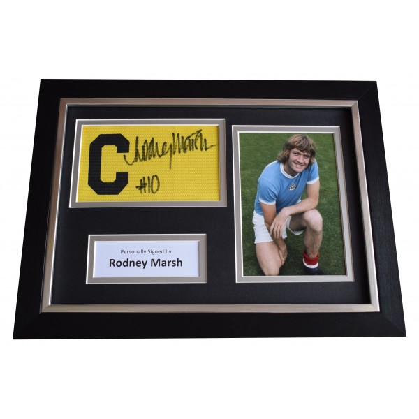 Rodney Marsh Signed Framed Captains Armband photo A4 display Manchester City COA  Perfect Gift Memorabilia