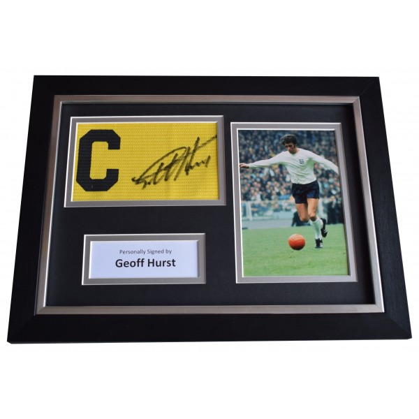 Geoff Hurst Signed Framed Captains Armband photo A4 display England '66 COA Perfect Gift Memorabilia