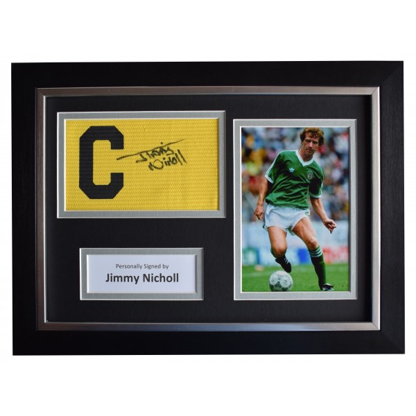Jimmy Nicholl Signed FRAMED Captains Armband A4 Photo Display Ireland COA Perfect Gift Memorabilia			